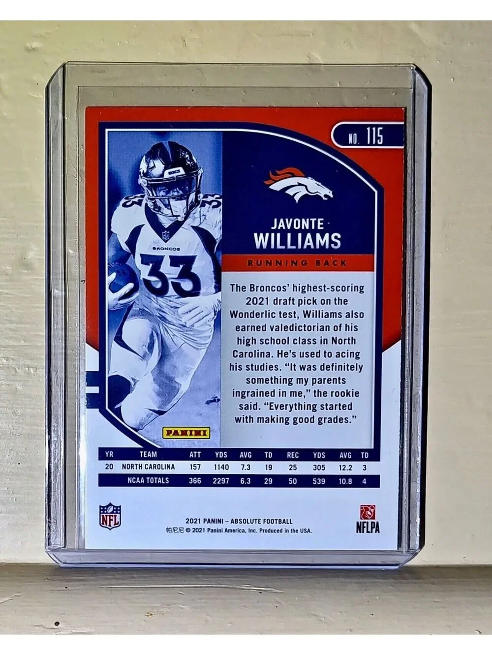 JaVonte Williams 2021 Panini NFL Absolute Football #115 Rookie Card Broncos